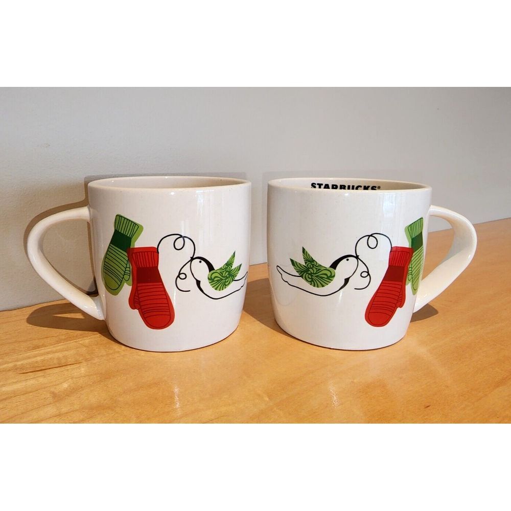 STARBUCKS Coffee Cups Dove & Christmas Mittens 10 Oz. 2011 Holiday Mugs Set of 2